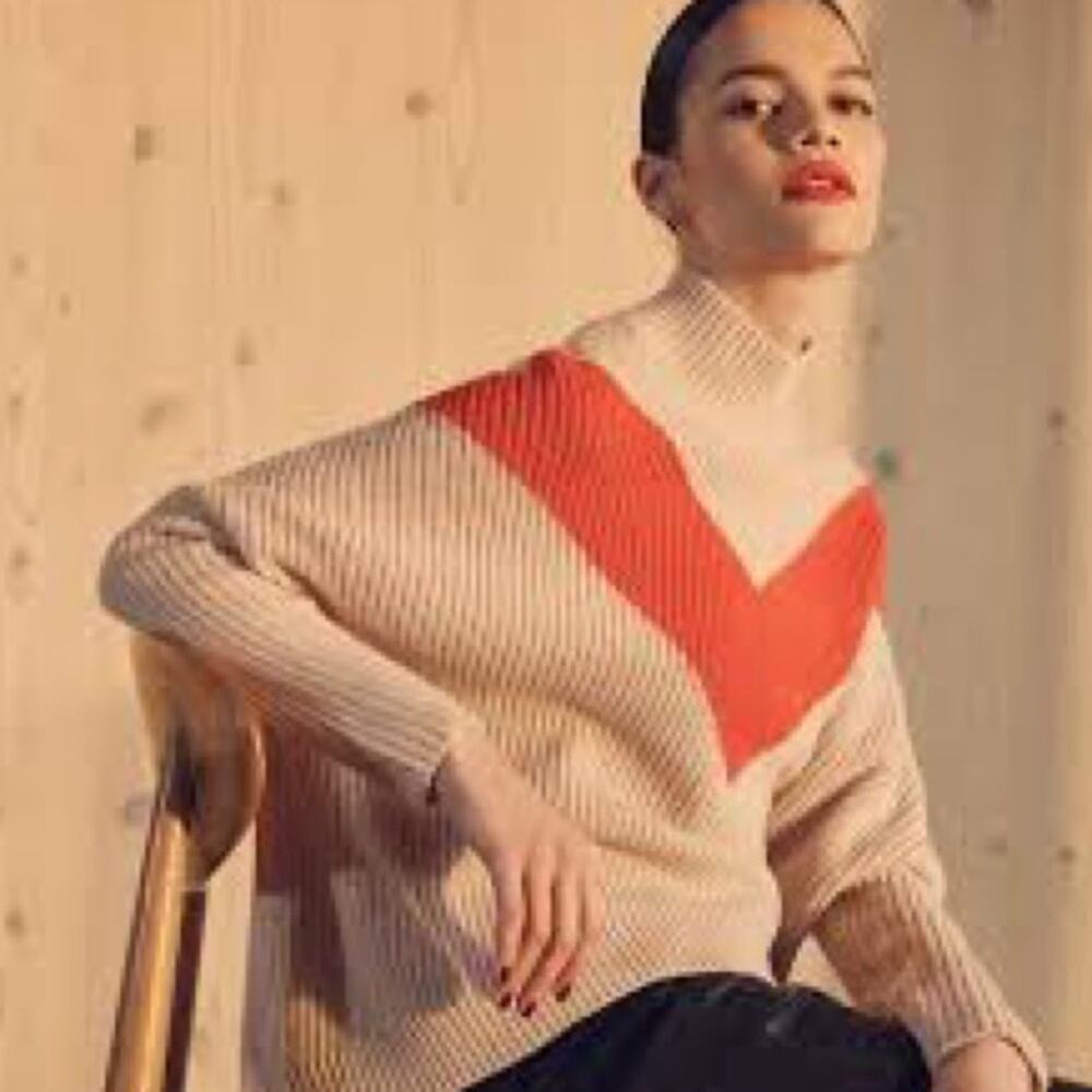 Ted Baker Gorgiey Chevron Stripe Wool Blend Sweater Blush Orange Mock Neck Sz M